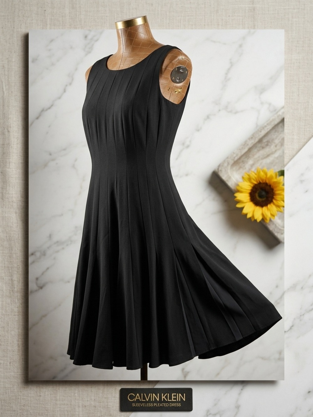Calvin Klein Black Sleeveless Pleated Fit and Flare Dress Size 8